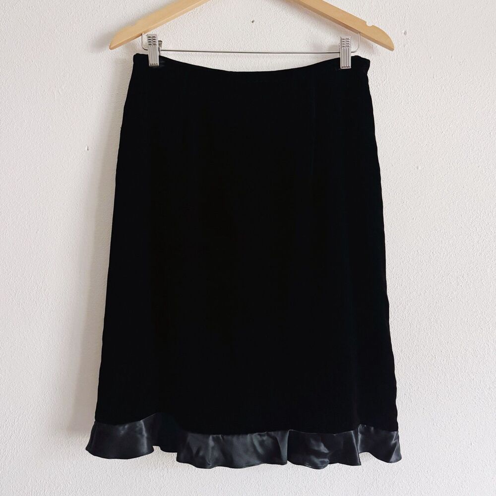 90s vintage black velvet midi skirt w/ silk ruffle hem